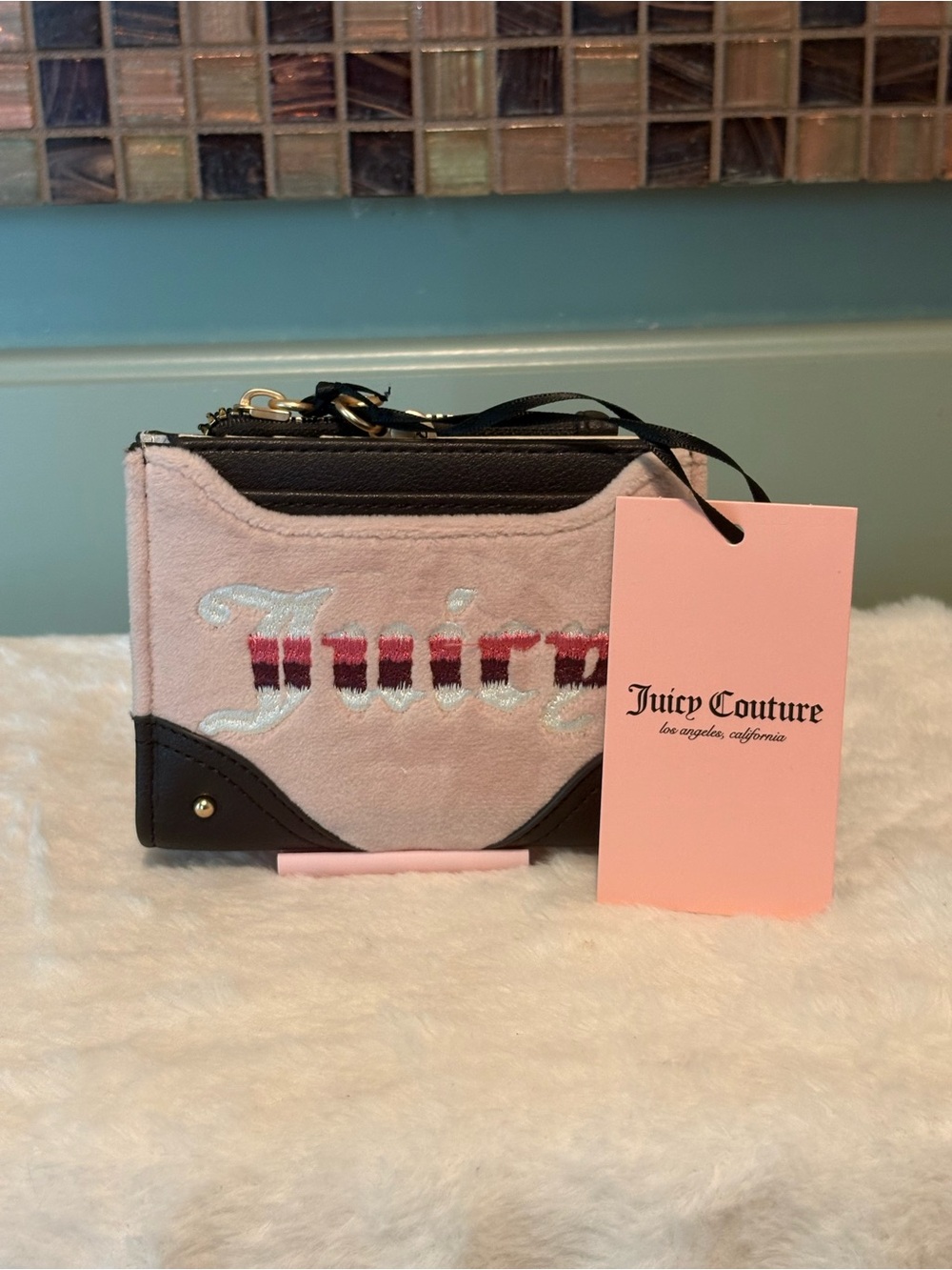Juicy Couture Pink Velvet Wristlet with Brown Trim and Embroidered Logo